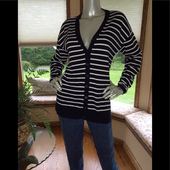 Talbots Navy Blue & White Cardigan Sweater Size M - Picture 1 of 4
